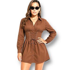 Bershka XS Brown Cutout Back Lace up Waist Corset Mini Shirt Dress Festival Boho